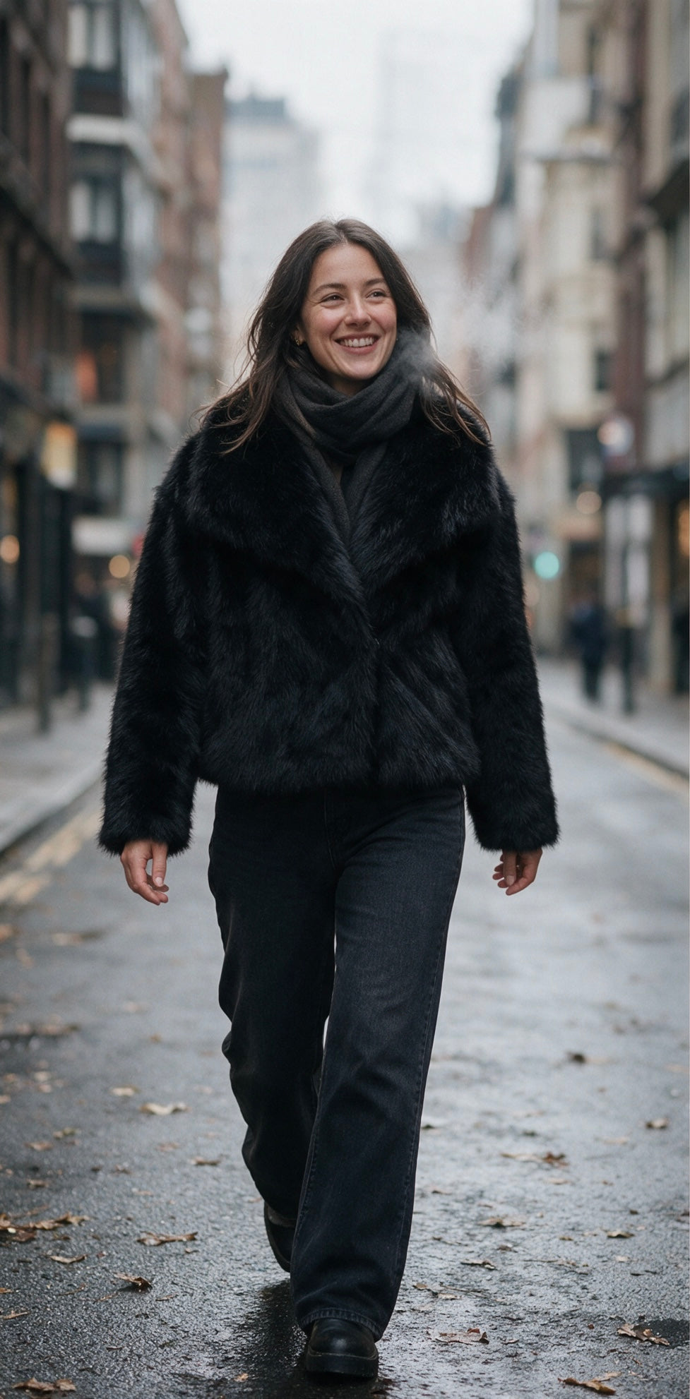 Black faux fur coat