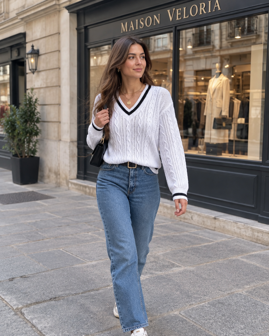 Contrast Trim Knit Jumper in White