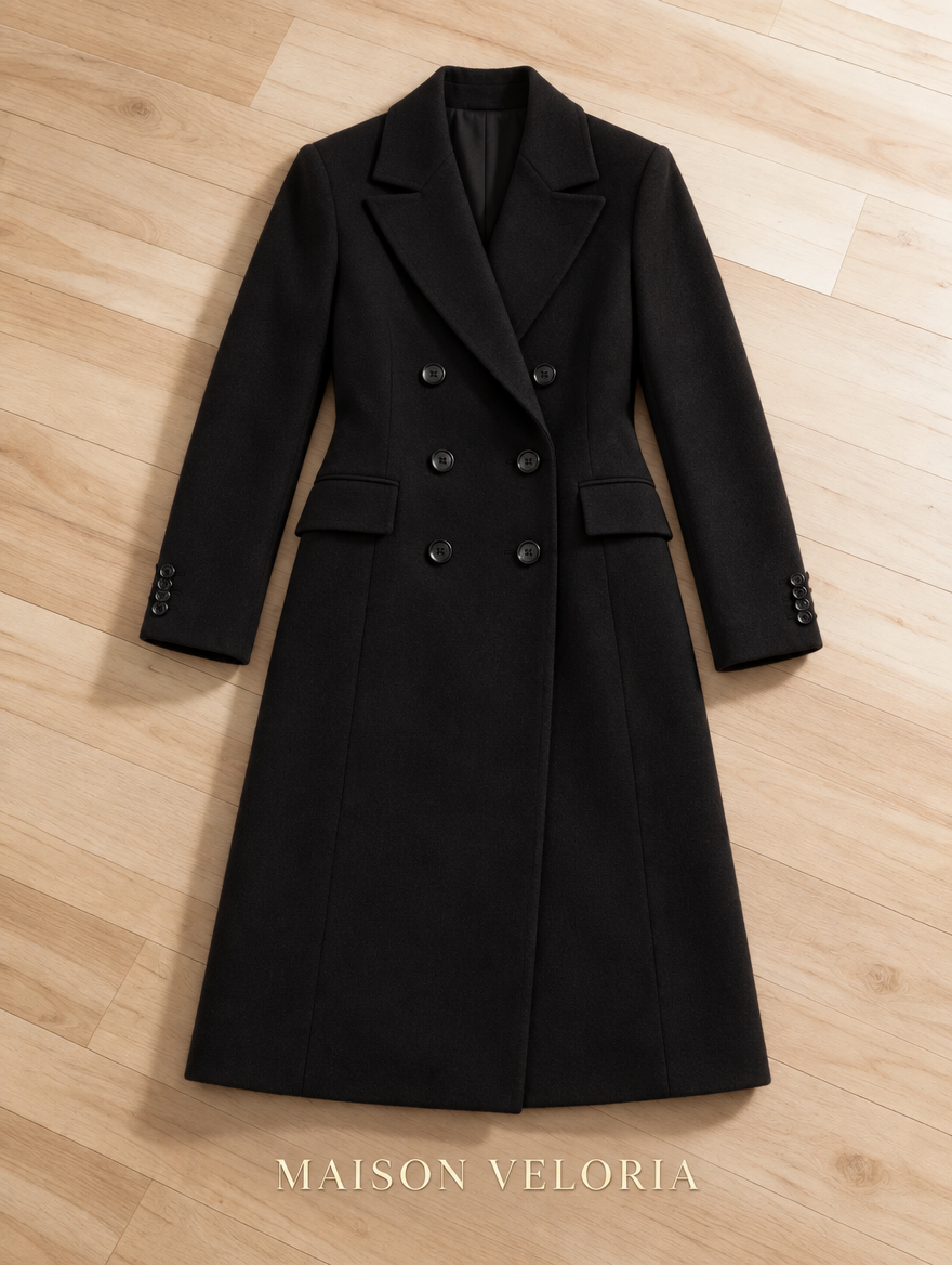Double-Breasted Longline Coat in Black