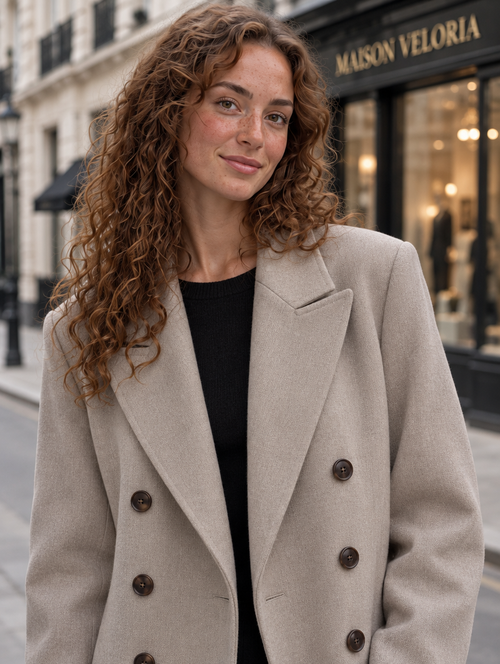 Double-Breasted Longline Coat in Beige