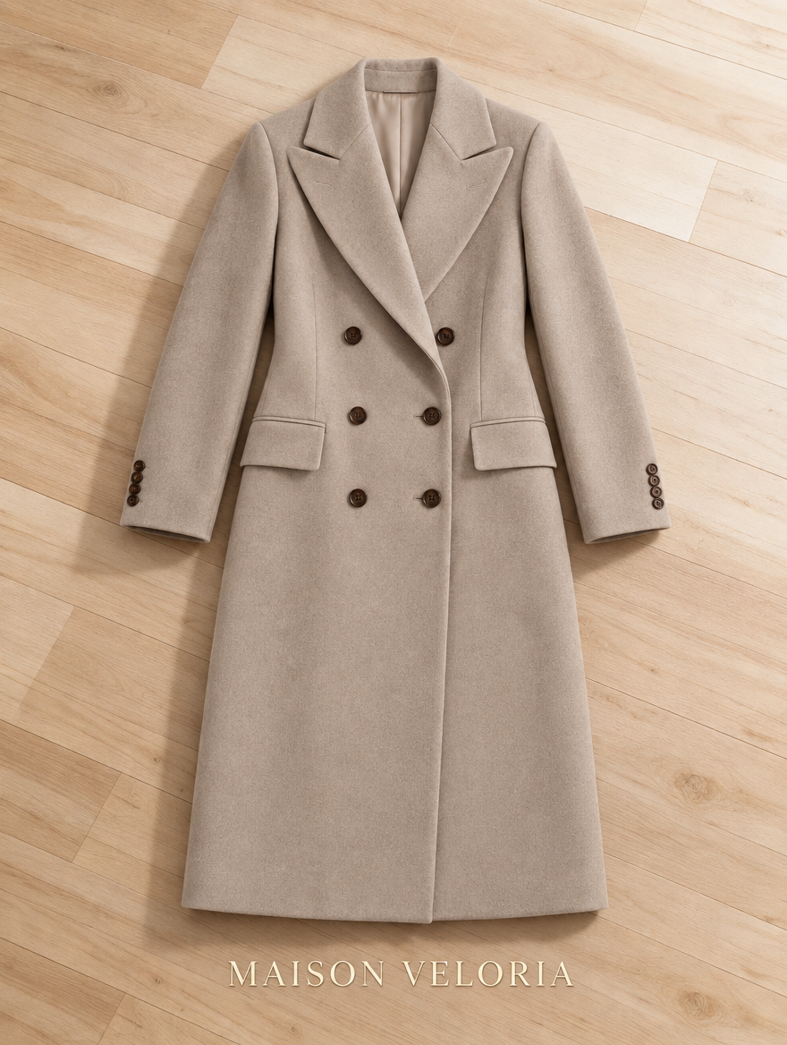 Double-Breasted Longline Coat in Beige