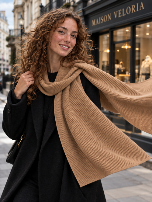 Ribbed Cashmere-Feel Scarf in Camel