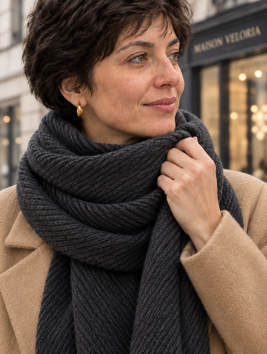 Ribbed Cashmere-Feel Scarf in Dark Grey