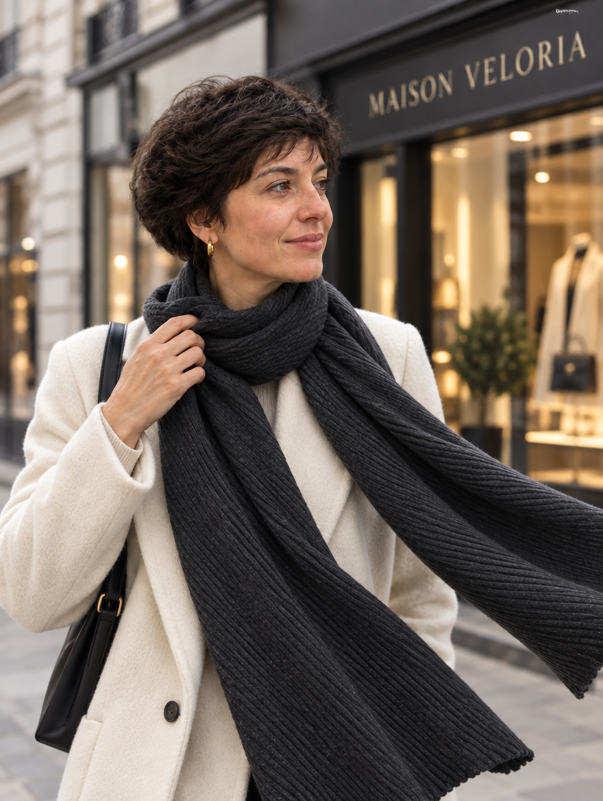 Ribbed Cashmere-Feel Scarf in Dark Grey