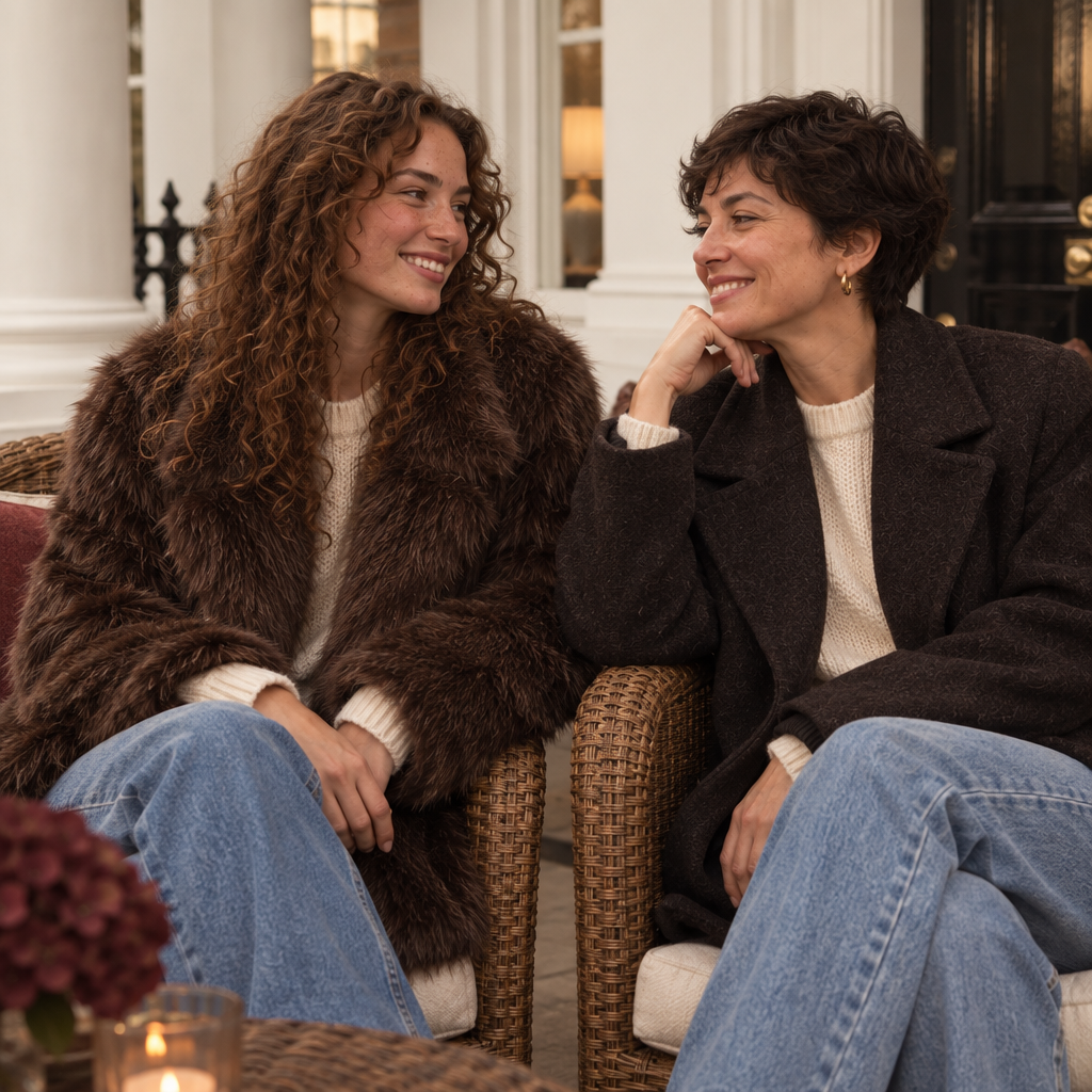 Two friends wearing Maison Veloria faux fur coat and wool-effect jacket