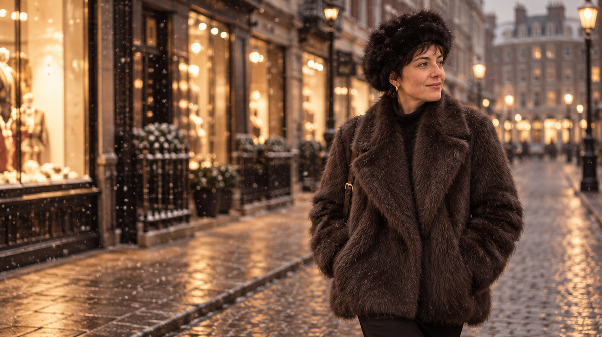 Maison Veloria winter campaign – woman in faux fur coat and hat on a snowy London street