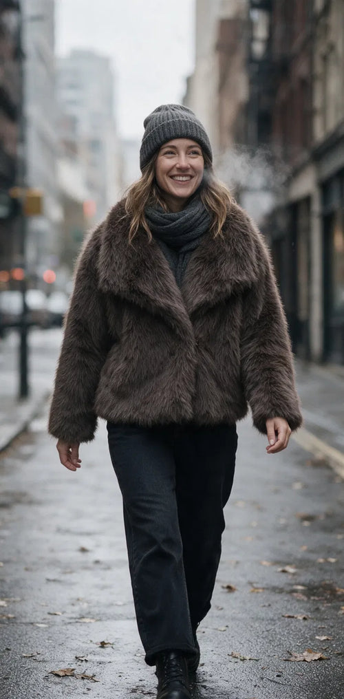 Brown faux fur coat - street look - Maison Veloria